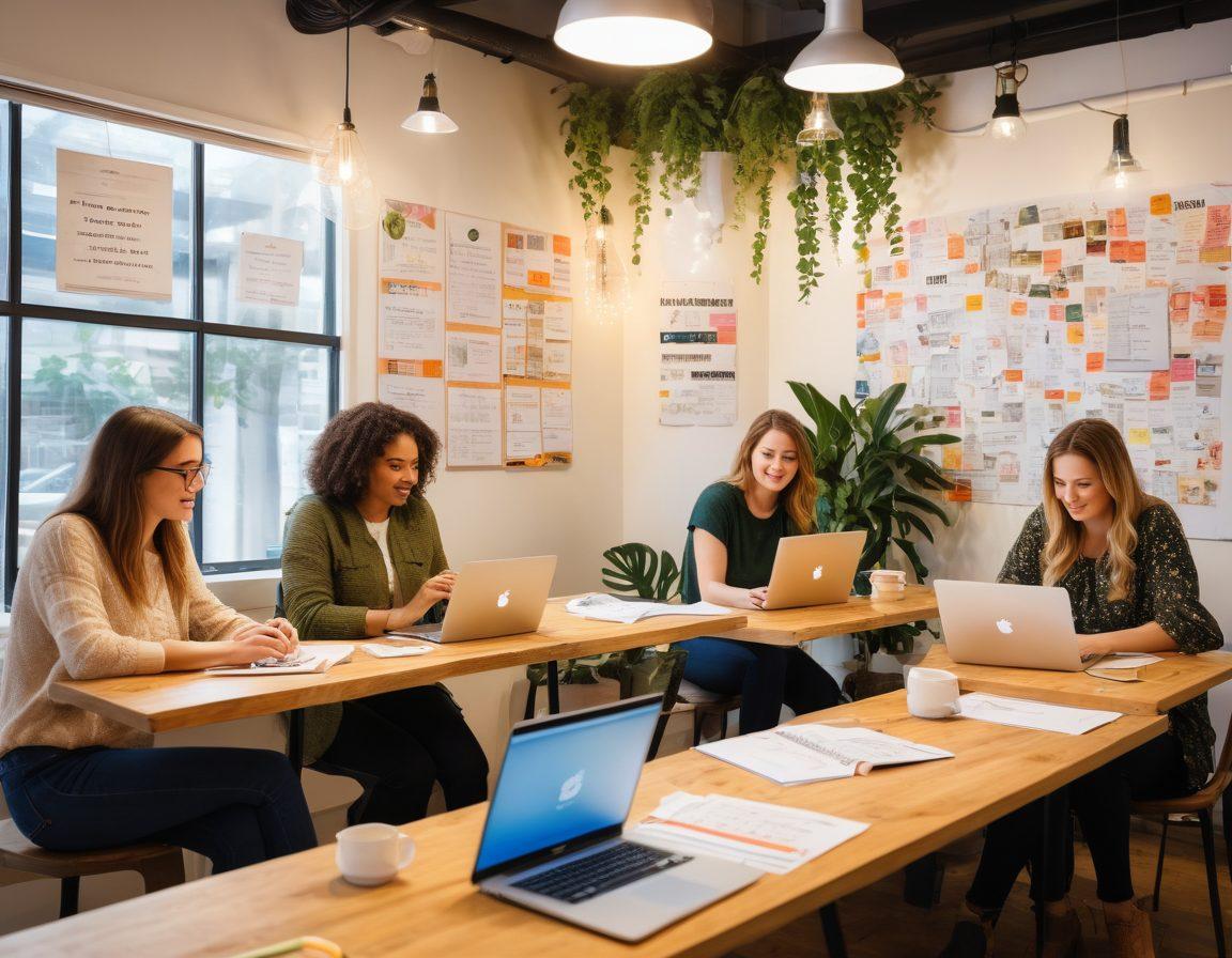 A diverse group of enthusiastic bloggers collaborating in a bright, inviting co-working space, showcasing laptops and notepads filled with ideas. The room is adorned with motivational quotes and colorful charts highlighting blog growth strategies. Warm lighting enhances the creative atmosphere, while coffee cups and plants add a homely touch. super-realistic. vibrant colors. modern design.