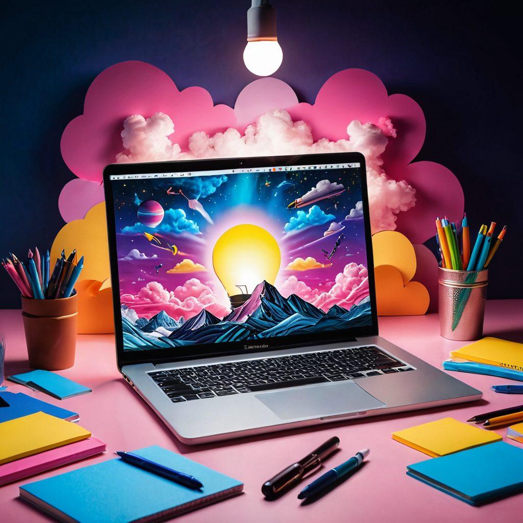A visually striking scene of an open laptop surrounded by colorful stationery and creative tools, with a glowing light bulb above symbolizing ideas and inspiration. In the background, a dreamy landscape filled with swirling clouds and vibrant colors, representing the limitless possibilities of creativity. The essence of blogging as an art form is highlighted through dynamic elements like sketchbooks and playful doodles. super-realistic. vibrant colors. 3D.